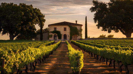 Vineyard in Tuscany, Italy at sunset. Rows of vineyardsの素材