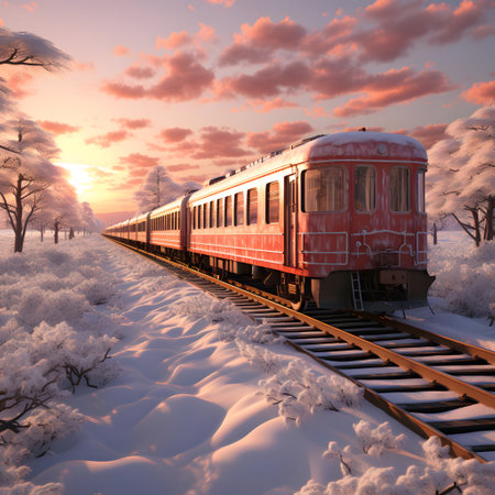 Train in the winter forest at sunset. Railway in the snow.の素材