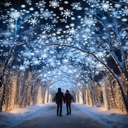 Man and woman in a winter forest at night with lights and snowflakesの素材