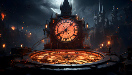 Horror scene with giant clock at night. 3D rendering.の素材