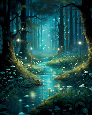 Fantasy night landscape with forest and lake, 3d illustration.の素材