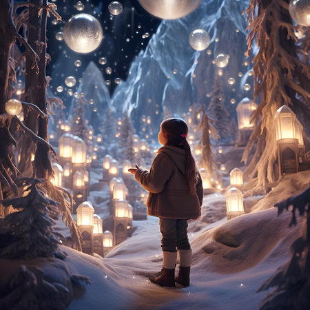 Little boy in a winter forest with Christmas lights on the background. The concept of Christmas and New Year.の素材