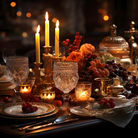 Beautiful vintage table setting with candles and berries. Selective focus.の素材