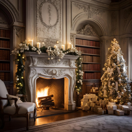 Beautiful living room with Christmas tree, fireplace, armchair and booksの素材