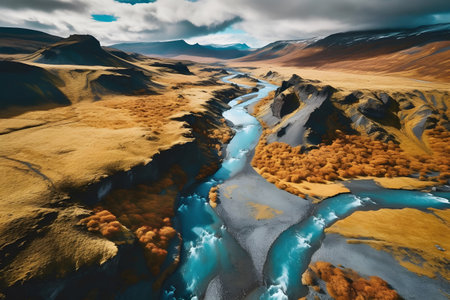 Fantasy alien planet. Mountain and river. 3D illustration.の素材