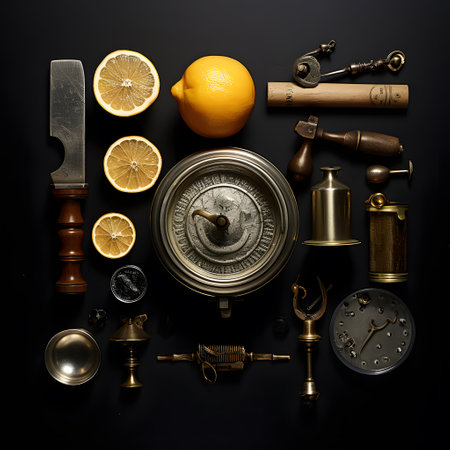 Vintage still life with lemon and kitchen accessories on a black backgroundの素材