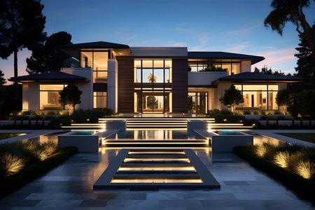 3d rendering of modern cozy house with pool and parking for sale or rent with beautiful landscaping.の素材