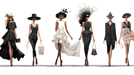 Fashionable women in black and white dresses. Vector illustration.の素材