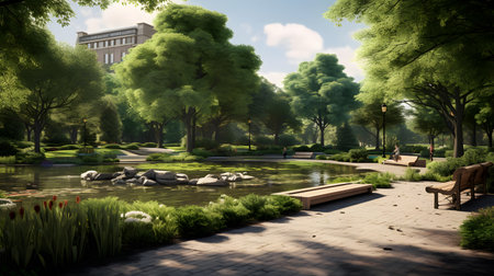 Park in the city center with pond and green trees, 3d renderの素材