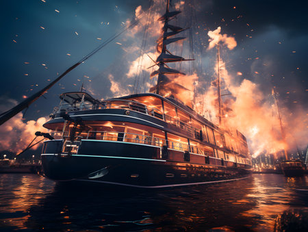 Boat on the water with fire in the background, tonedの素材