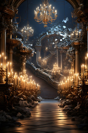 Mystical interior with stairs and glowing candles. 3D renderingの素材