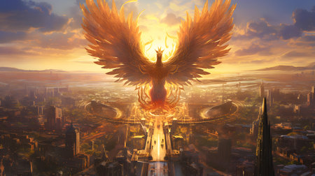 3D illustration of a golden eagle flying above a city at sunsetの素材