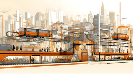 3d render of train station with people on the platform and cityscapeの素材
