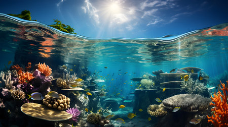Underwater world with corals and tropical fish. 3d renderingの素材