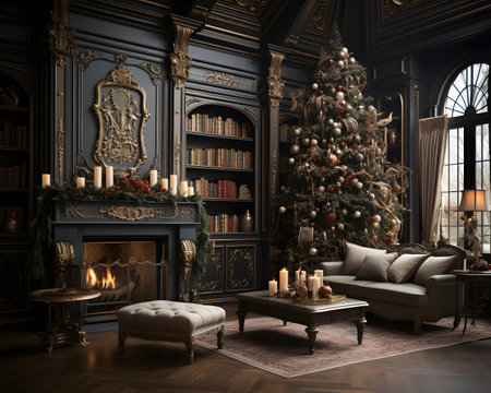 Luxury living room with Christmas tree and fireplace. 3D rendering.の素材