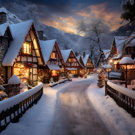 Fairytale village in the mountains at night. Beautiful winter landscapeの素材