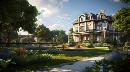 Luxury mansion in the park with flowerbeds and flowersの素材