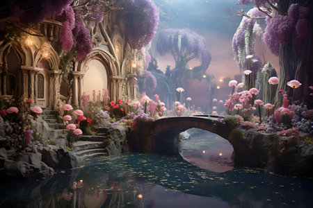 Fantasy garden with a bridge and flowers. 3d rendering.の素材