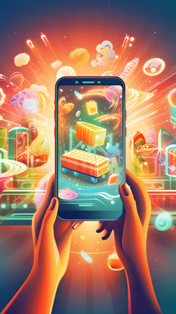 3D rendering of hands holding a smartphone with online shopping concept.の素材