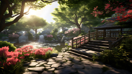 Japanese garden at sunset - 3D render of a Japanese garden designの素材