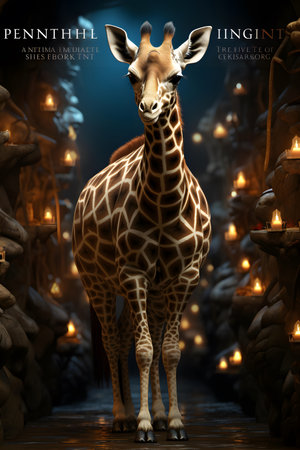 Giraffe in the forest. 3D rendering. Neon lights.の素材