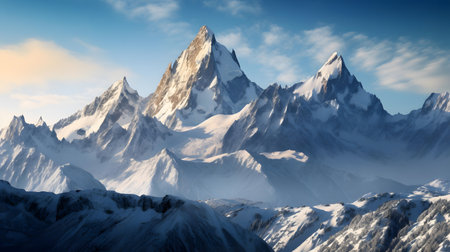 Beautiful winter landscape with snow-capped peaks. panoramaの素材