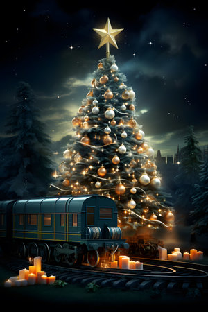 Christmas and New Year holidays background with Christmas tree, train and candlesの素材