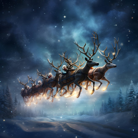 Santa Claus rides reindeers on the road in the night forestの素材