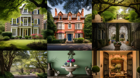 Collage of beautiful houses in the park. Selective focus.の素材