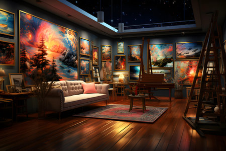 Interior of a room with a view of the night sky. 3D renderingの素材