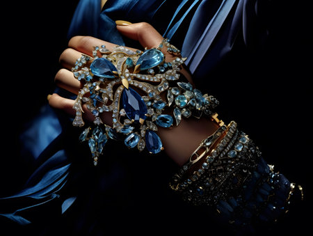 Hands of a girl with jewelry on a black background close-upの素材