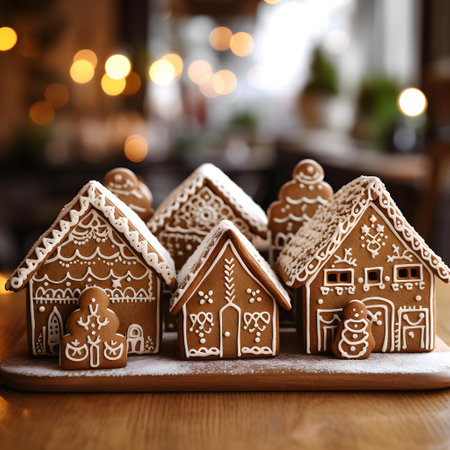 Gingerbread houses on a wooden table in a cafe. Christmas backgroundの素材