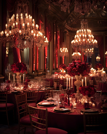 Wedding table in a luxurious restaurant with red chairs and candlesの素材