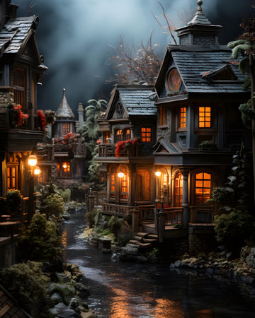 Fantasy landscape with old wooden houses in a foggy night.の素材