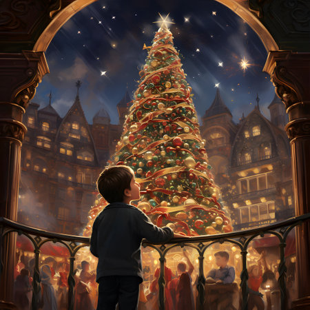 Little boy looking at Christmas tree on the background of the medieval cityの素材