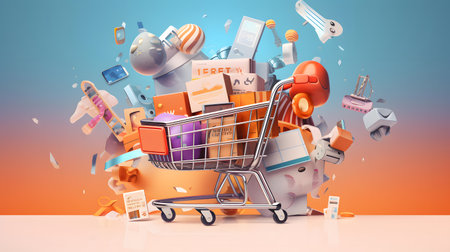 Shopping cart full of shopping bags. 3d illustrations. Online shopping conceptの素材
