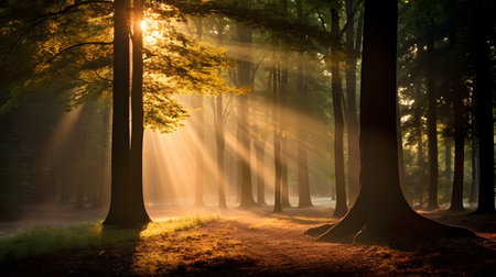 Morning in the forest with sunbeams passing through the trees.の素材