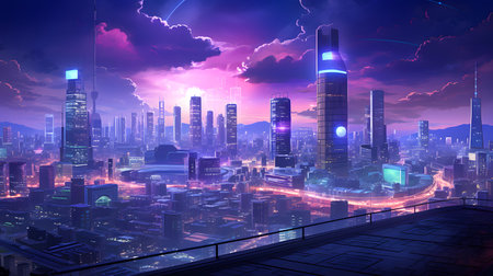Cityscape at night with light trails, 3d render illustration.の素材