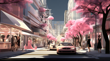 3D rendering of a city street with a beautiful pink cherry blossomsの素材