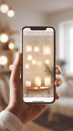 Woman holding mobile phone with glowing candles on screen at home, closeupの素材
