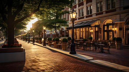 Street at night with tables and chairs in the city center of Vilnius, Lithuaniaの素材