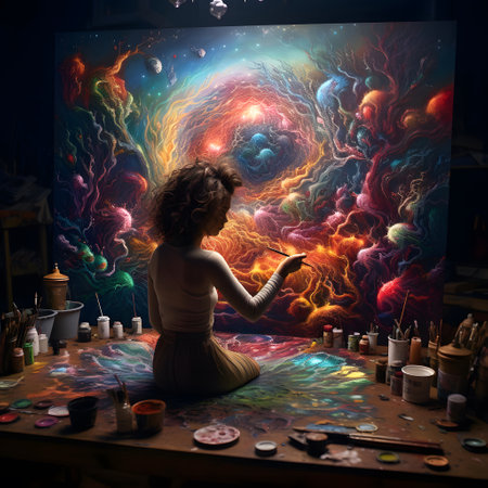 Young woman artist draws a fantasy planet. Fantasy, imagination, creativity.の素材