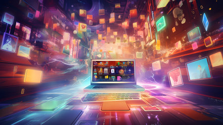 Laptop with colorful apps on the screen. Conceptual image.の素材