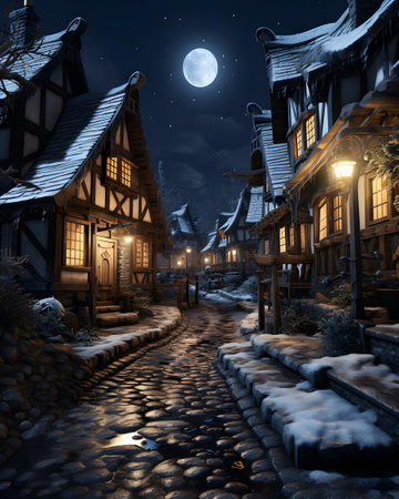 Winter night in old town, 3d rendering. Computer digital drawing.の素材