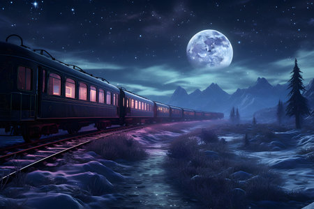 Train in the mountains at night with full moon. 3d renderingの素材