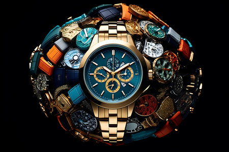 Wristwatch with precious stones on black background. 3d illustrationsの素材
