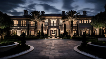 3D rendering of a luxury villa at night with palm treesの素材