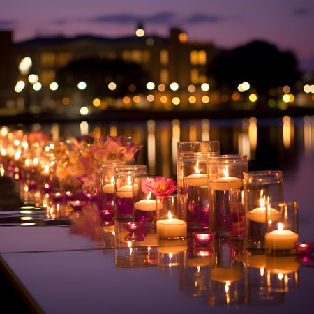 Candles and flowers on the banks of the river at night.の素材