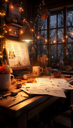 Cozy home interior with a cup of hot drink, a book, a clock and a Christmas tree.の素材
