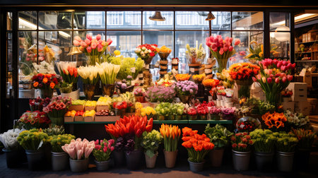 Flower shop window with bouquets of tulips and other flowersの素材